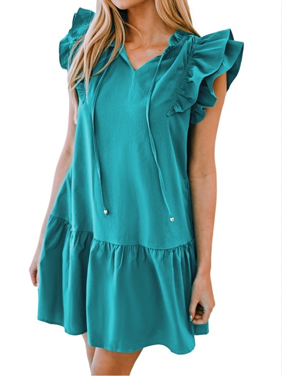 Dresses & Skirts - Women’s V-Neck Drawstring Ruffle Cap Sleeve Dress